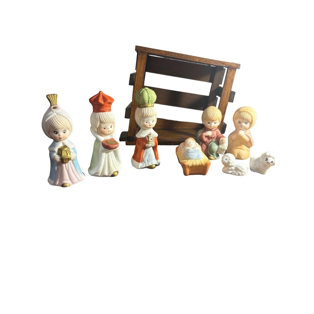 Nativity Set 9pc. Wood Porcelain Hand‎ Painted 1970's Christmas Giftco Vintage